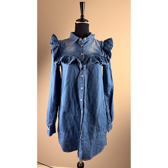Pilcro & the Letterpress Dresses & Skirts - Pilcro Anthropologie‎ Denim Ruffle Snap Front Shirt Dress Medium Wash Blue Small